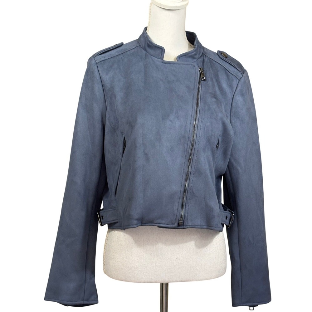 Banana Republic Vegan Suede Jacket Wave Blue LP Moto Cropped Edgy Classic Chic